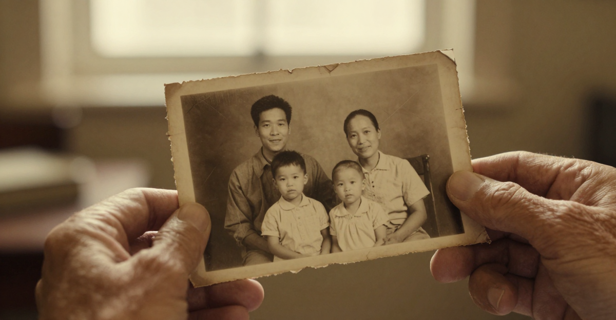 Hands holding an old creased sepia family photograph before restoration