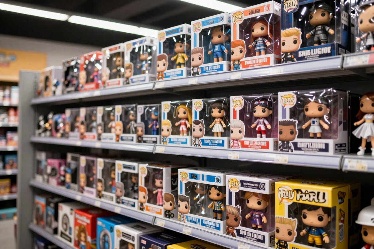 Retail toy shelf display showing various collectible figure styles in branded packaging, including classic action figure, fashion doll, and vinyl pop formats, bright store lighting