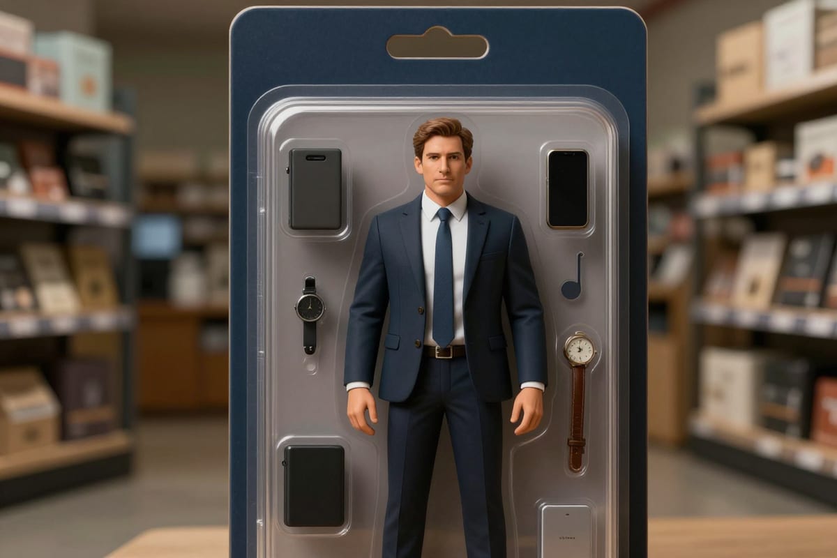 AI-generated action figure in retail blister packaging with business professional accessories using Action Figure Playset LoRA