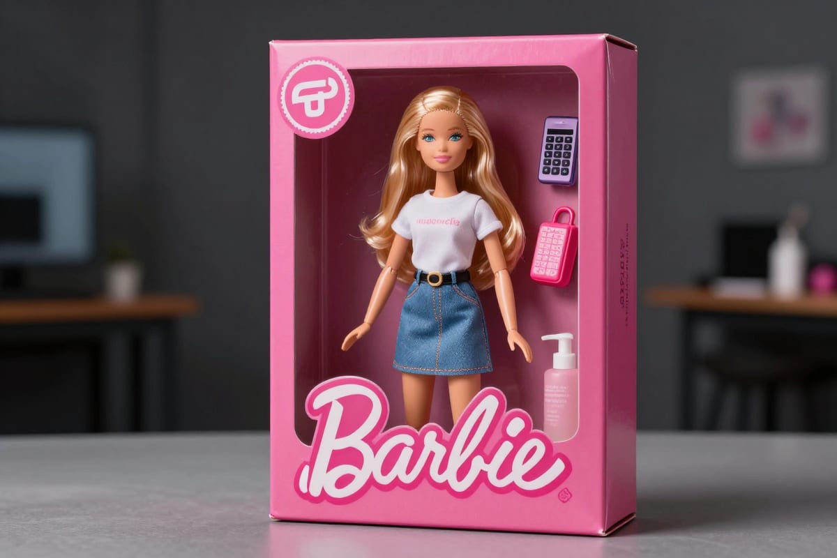 AI-generated Barbie-style doll box with career fashion accessories using Doll Box LoRA