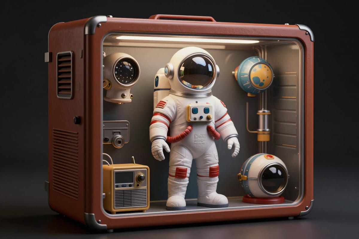 AI-generated retro toy box with space astronaut figure and themed accessories using Toy Box LoRA
