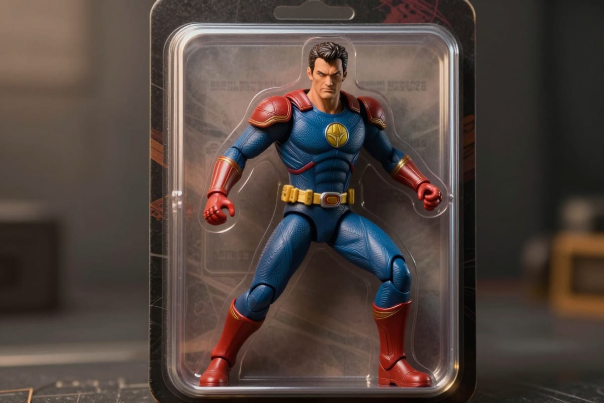 AI-generated superhero action figure on blister card with dynamic pose using Action Figurator LoRA