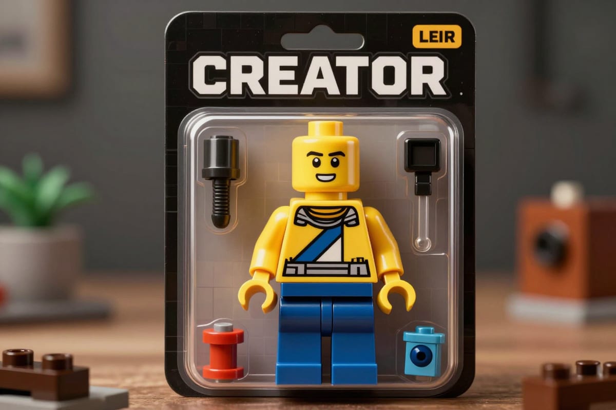 AI-generated LEGO Minifigure style character in Creator series packaging with miniature accessories