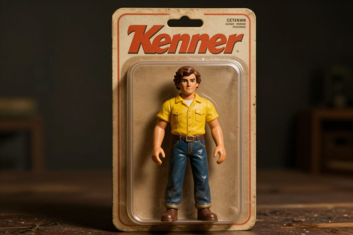 AI-generated vintage Kenner-style action figure on cardboard blister card with retro packaging design