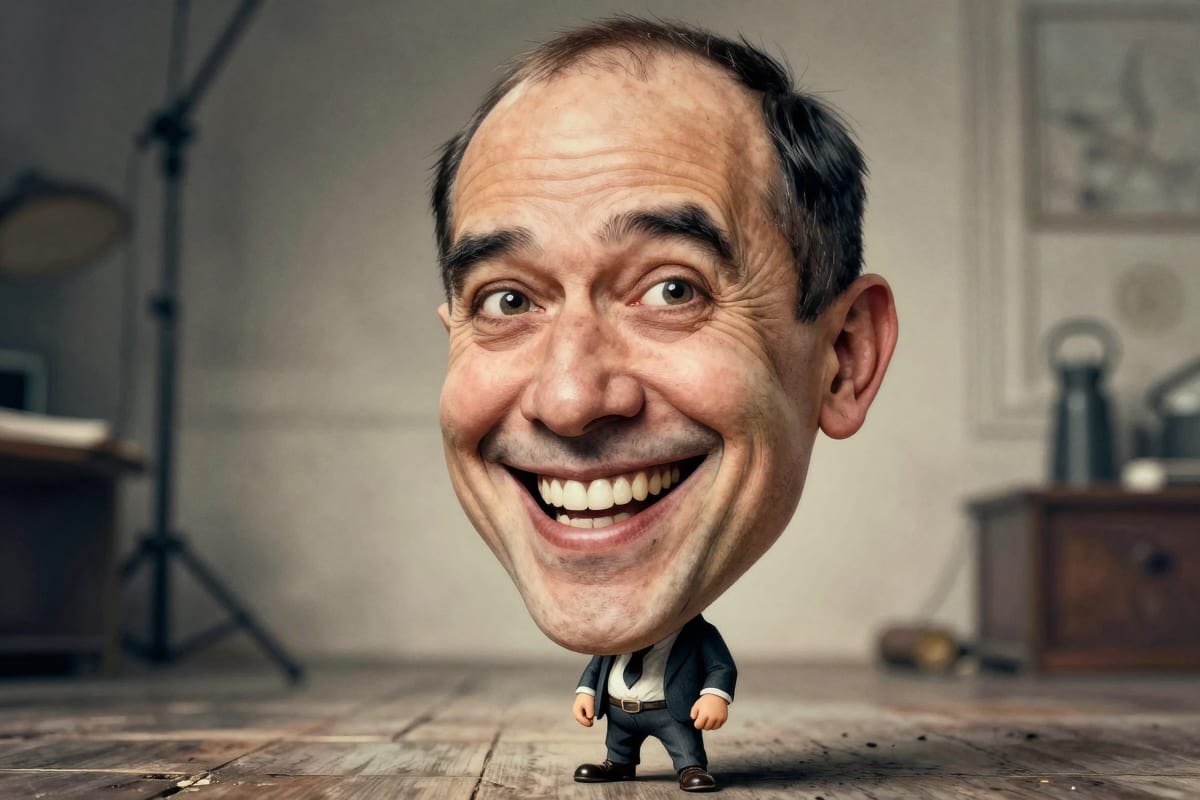 Classic editorial caricature portrait with exaggerated features — oversized head, wide grin, and tiny body — in ink and watercolor style