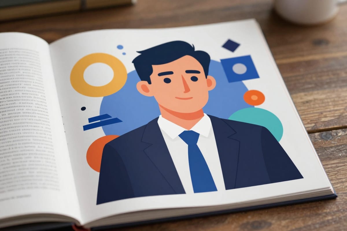 Stylized editorial magazine illustration of a tech CEO with bold geometric shapes, flat sophisticated colors, and slight caricature exaggeration