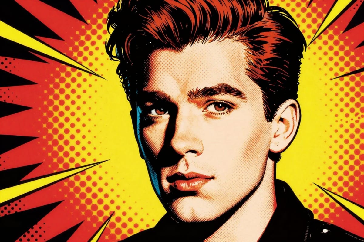 Pop art-style portrait with bold halftone dots, primary colors, thick black outlines, and a retro 1960s Lichtenstein comic aesthetic