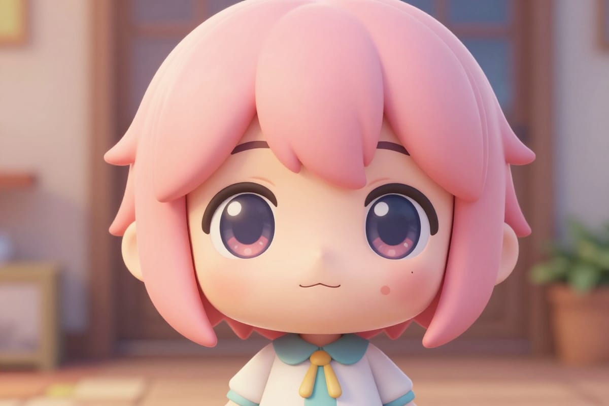 Adorable chibi anime-style portrait with enormous eyes, oversized head, tiny body, and cute kawaii pastel aesthetic