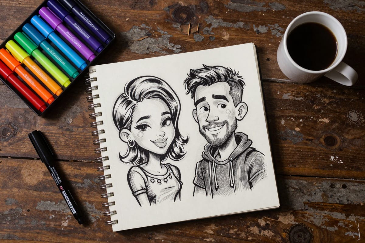Overhead flat lay of a caricature artist's workspace with colored markers in rainbow gradient, sketchbook with character drawings, and coffee on weathered pine desk