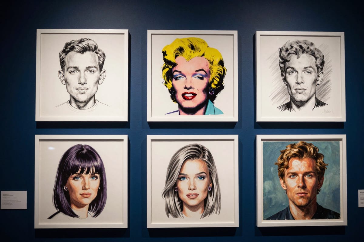 Gallery wall displaying five different caricature art styles in white frames against navy blue wall — ink drawing, pop art, watercolor, pencil crosshatch, and oil paint impasto