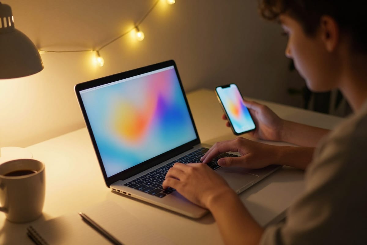 Creator generating AI images on a laptop and phone in a cozy workspace, reflecting everyday AI image generator usage