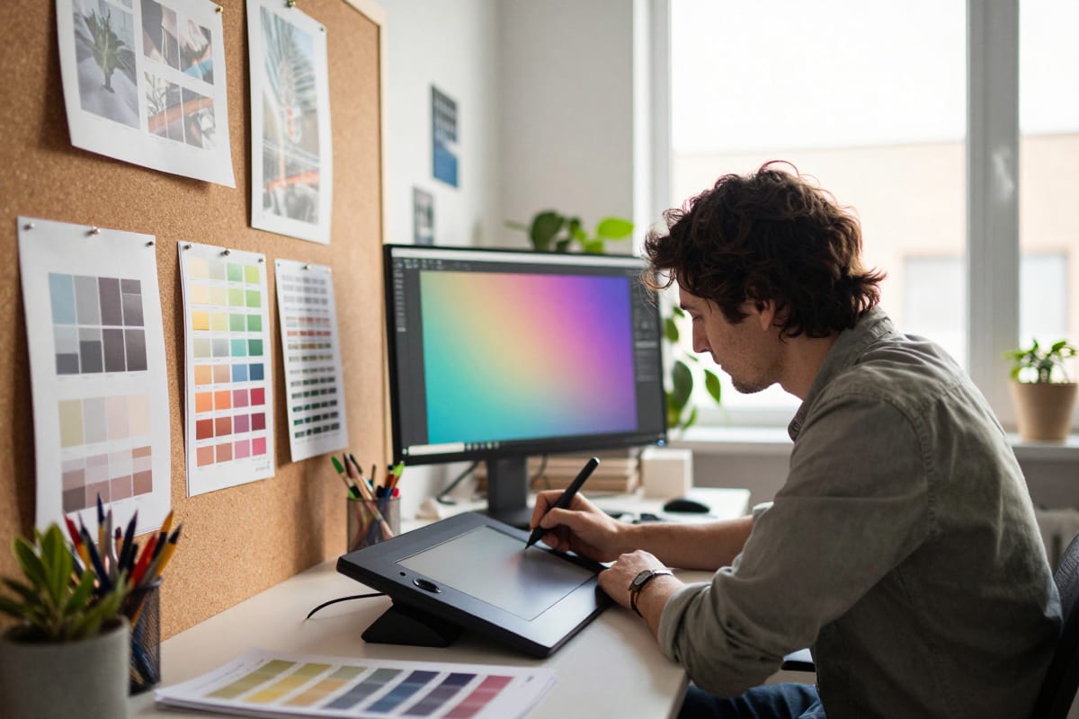 Professional graphic designer using a stylus and tablet in a studio, showing AI tools reshaping the creative industry