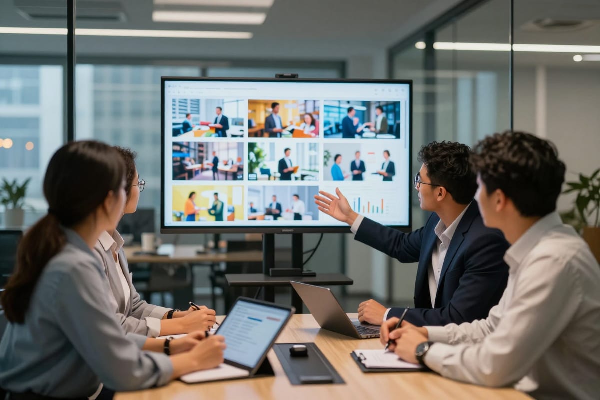 Marketing team reviewing AI-generated visual content on a large screen in a modern office, illustrating enterprise AI adoption