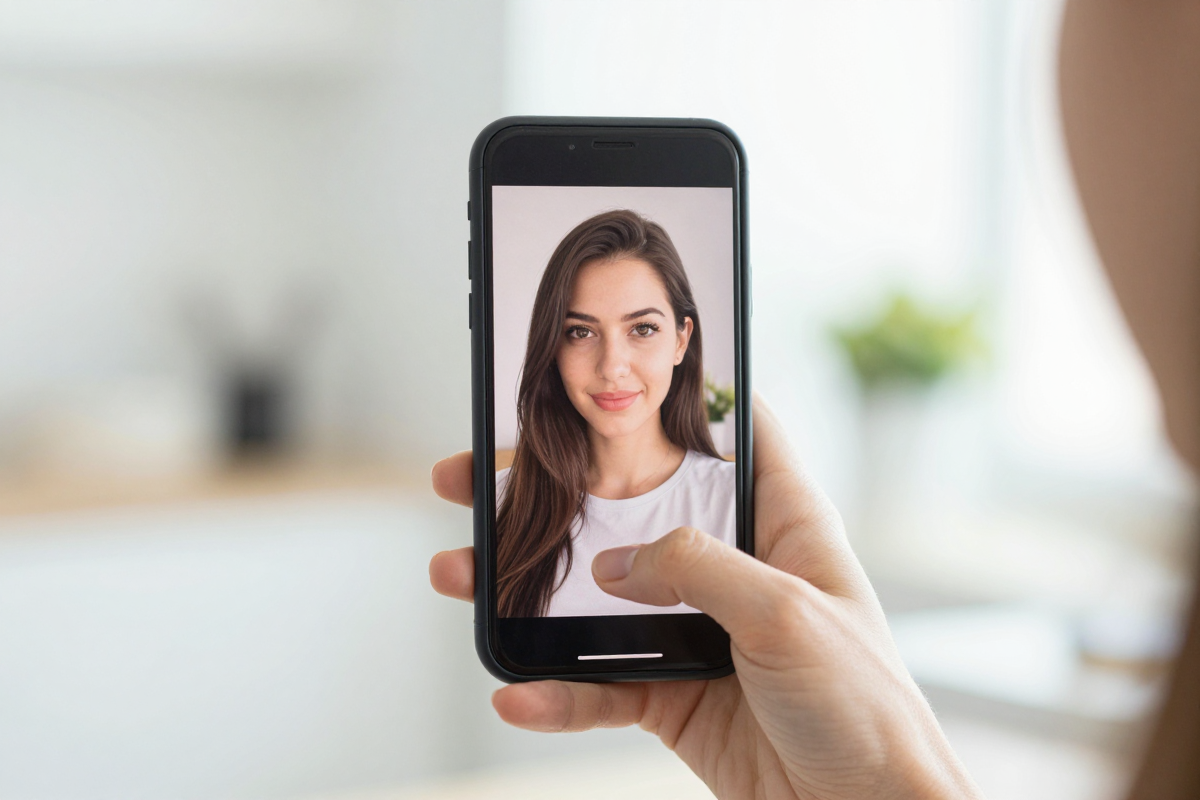 Reviewing a finished AI-enhanced portrait on a phone