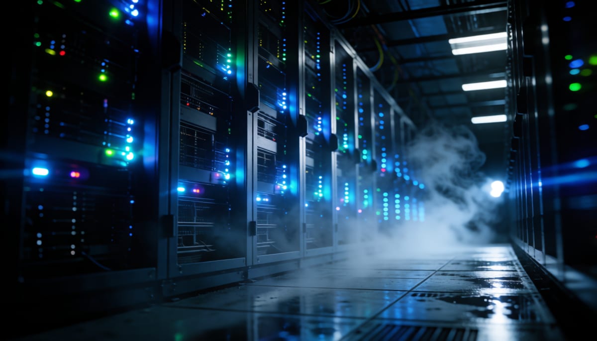 Rack of GPU servers glowing in a dark data hall, cool blue light, shallow depth of field
