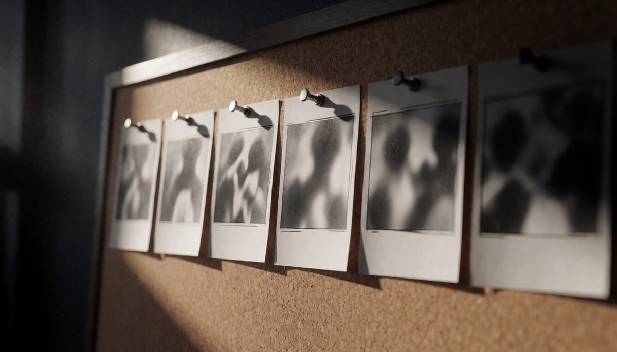 Storyboard cards pinned to a corkboard showing six sequential film shots, cinematic side light