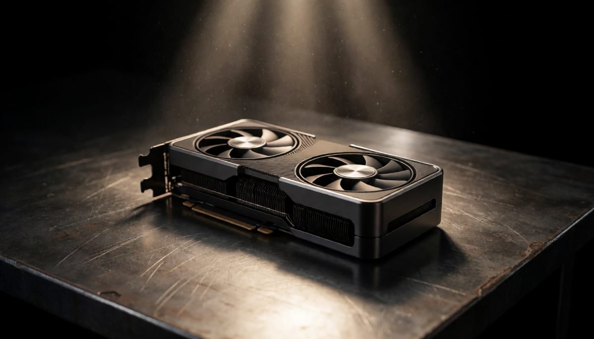 Single high-end graphics card on a workbench under focused light, dust motes in the air