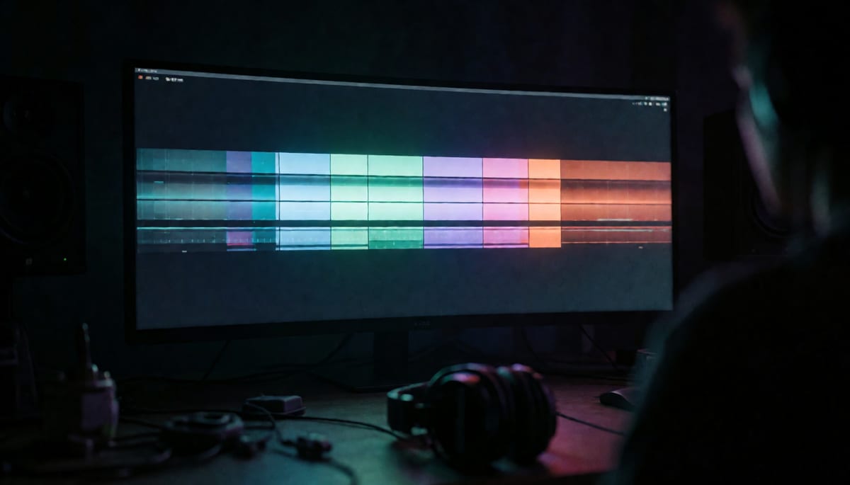 Film editor's timeline on a monitor showing multiple clips joined end to end, dim studio