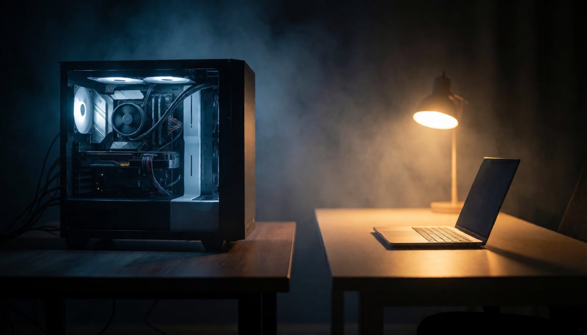 Two desks side by side, one with a home GPU tower and one with a clean laptop workflow, cinematic contrast lighting