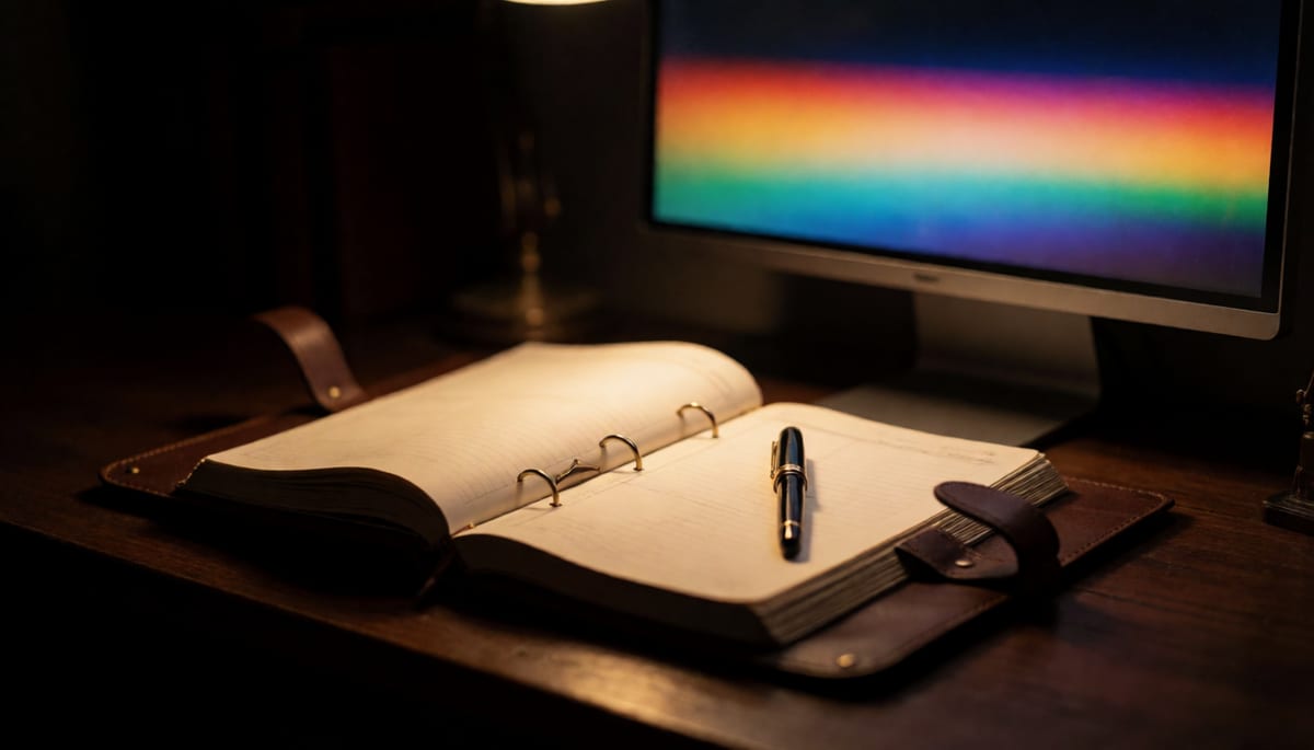 Ledger book open on a desk beside a monitor showing a video timeline, moody low-key lighting