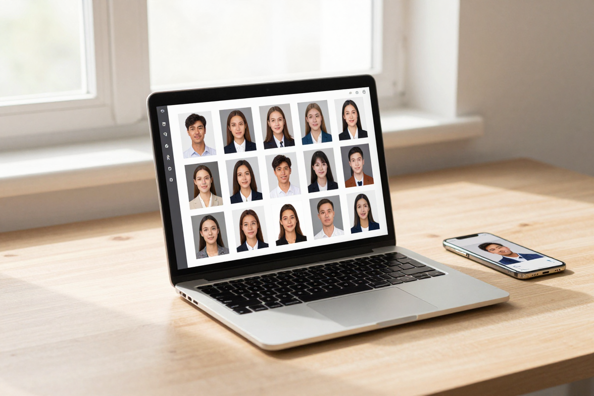 A laptop displaying a grid of AI-generated headshot options next to a phone with a selfie