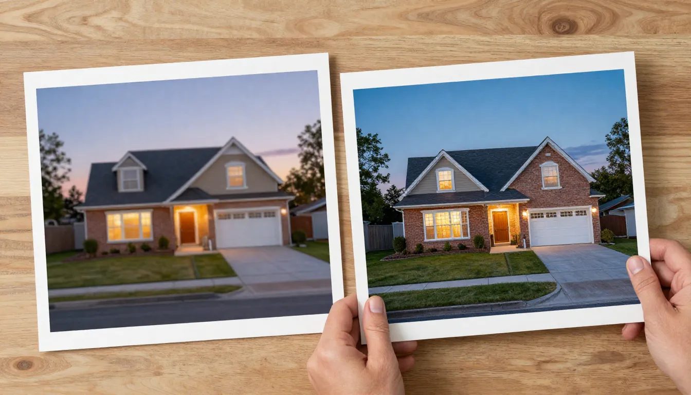 Side-by-side comparison of exterior twilight photo at native versus 16K