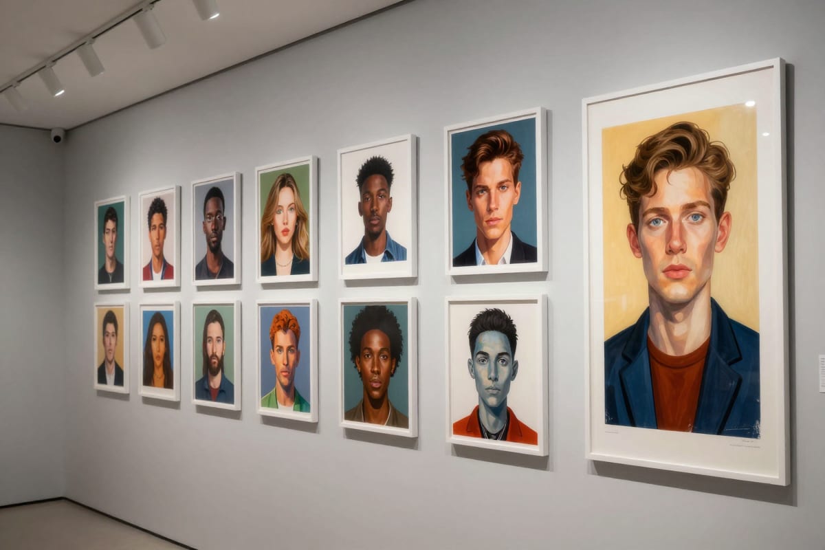 Gallery wall displaying AI-generated artwork in various styles from photorealistic portraits to stylized illustrations, white frames on a light gray gallery wall with track lighting