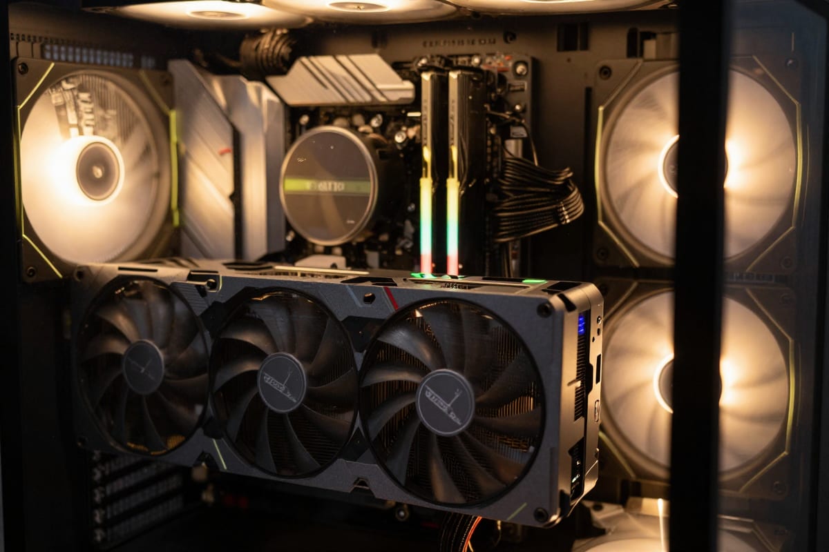 Close-up of a high-end graphics card with RGB lighting installed in a desktop PC case, visible through a tempered glass side panel, warm ambient glow from case fans