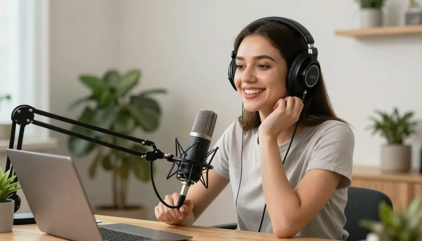 Imagera script editor with custom voice dropdown selected for podcast host