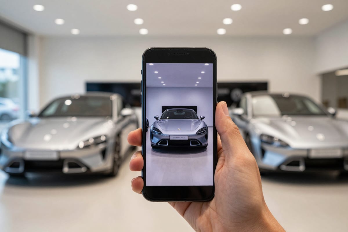 Vertical car reel playing on a smartphone held in front of a dealership showroom with vehicles in the background