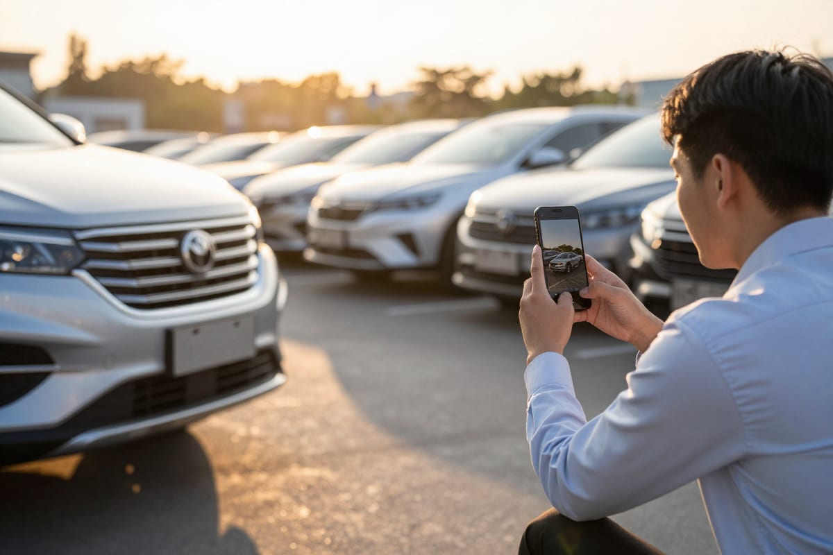 Salesperson photographing a newly arrived SUV on a dealership lot at golden hour for a just-landed car reel
