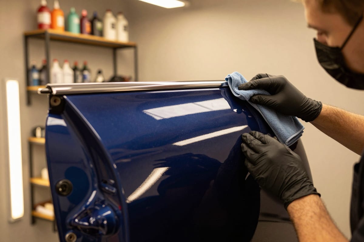 Detailer inspecting freshly polished glossy car paint under warm workshop lights for a car detailing before and after reel