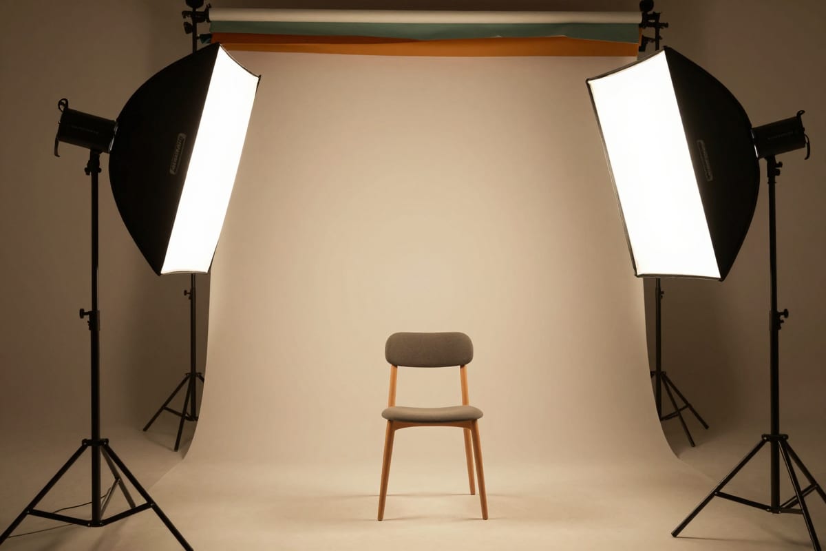 Photography studio setup with professional lighting equipment, softbox, and beauty dish surrounding an empty chair, warm ambient glow on white cyclorama background