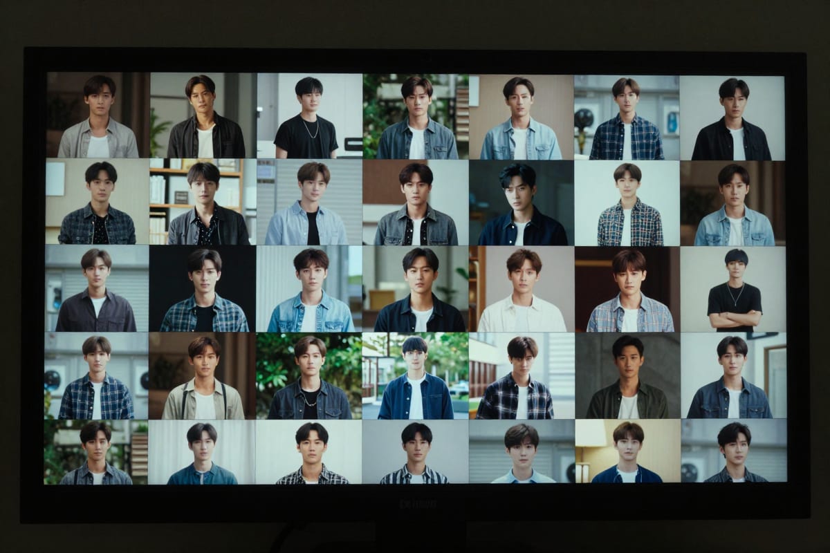 Organized grid of social media content thumbnails displayed on a large monitor screen, showing various lifestyle shots of a consistent character in different outfits and settings