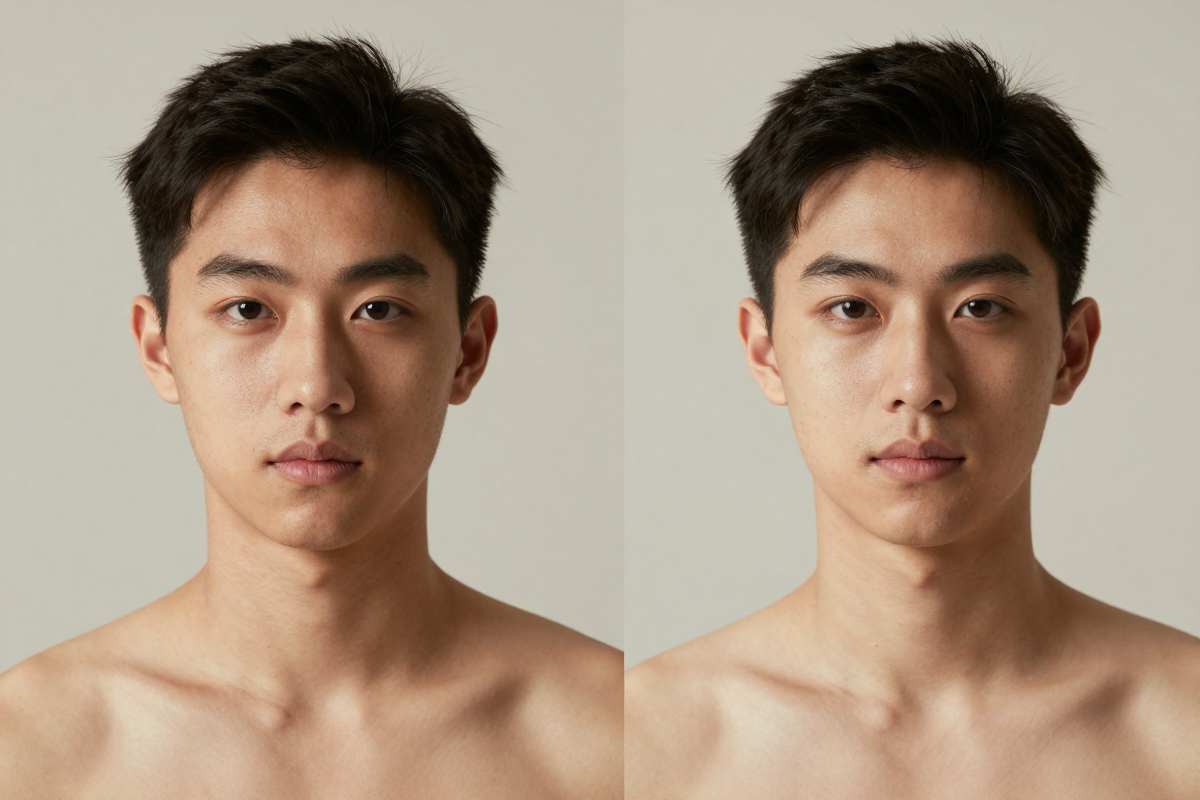 Two matched studio portraits showing consistent lighting for head swap comparison