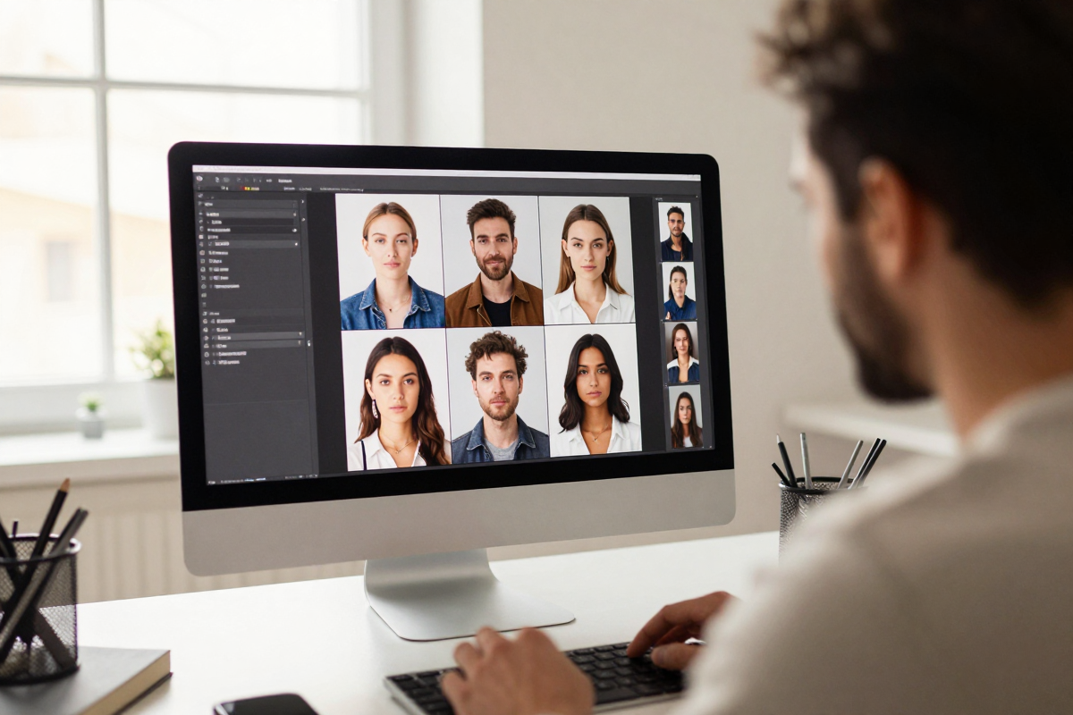 Creator reviewing portrait photos on a studio monitor for creative head swap work