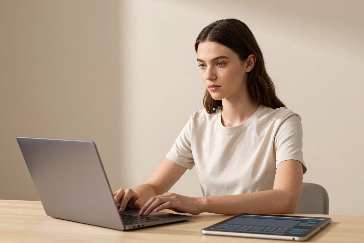 Content creator workspace with a realistic AI portrait being finished on a laptop and tablet