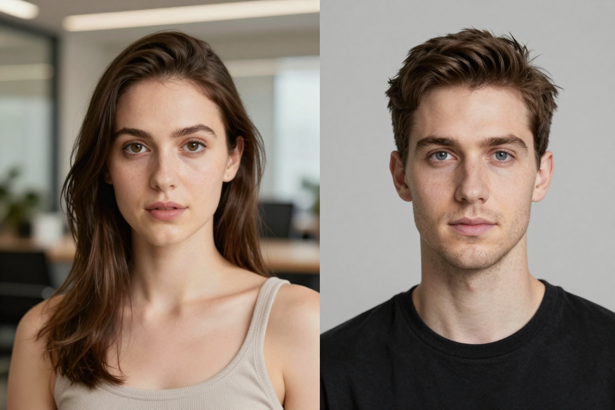Two professional headshot styles shown side by side, one office and one studio backdrop