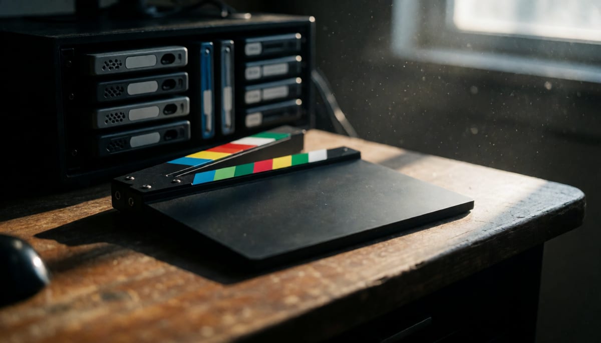 Cinematic film slate resting on a lit editing desk beside a rack of hard drives, dust in the light beam