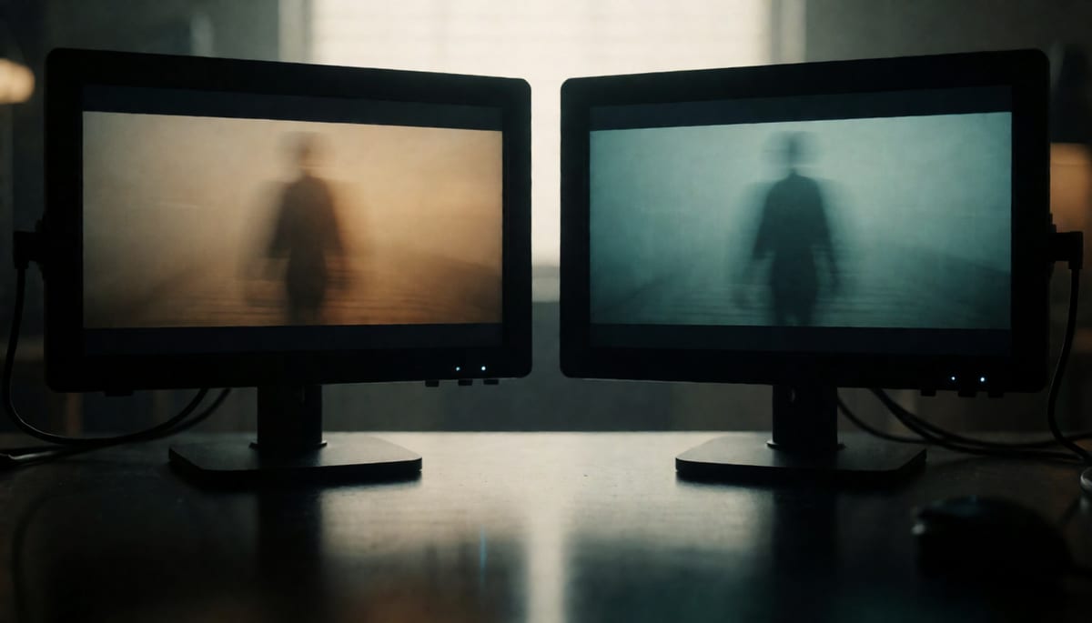 Two monitors side by side showing an identical film frame with subtly different colour grades, studio lighting