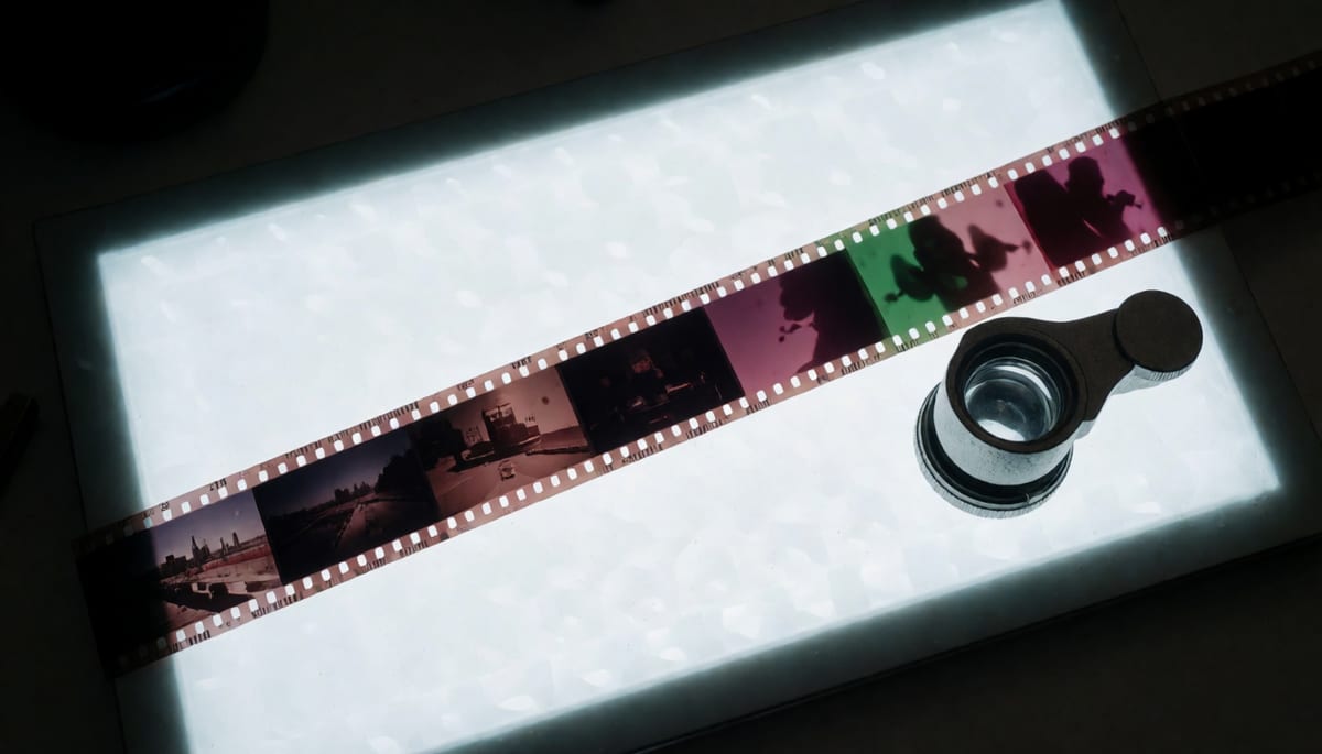 Long strip of film frames laid out on a light table, later frames slightly warping in colour and shape