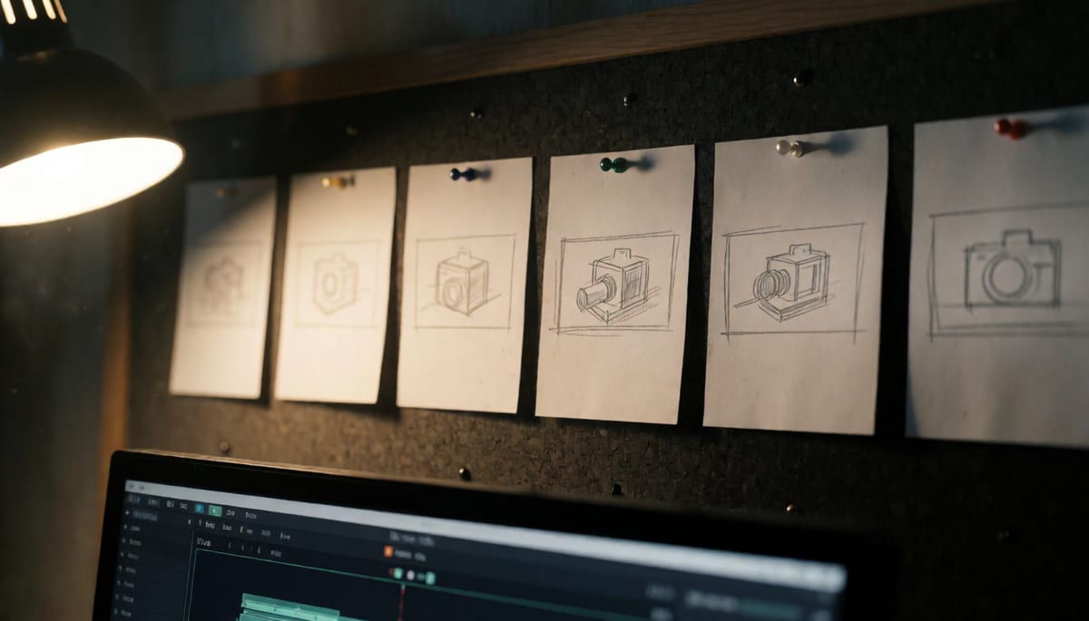 Storyboard cards pinned in a row above a monitor, each card a different framing of the same product scene
