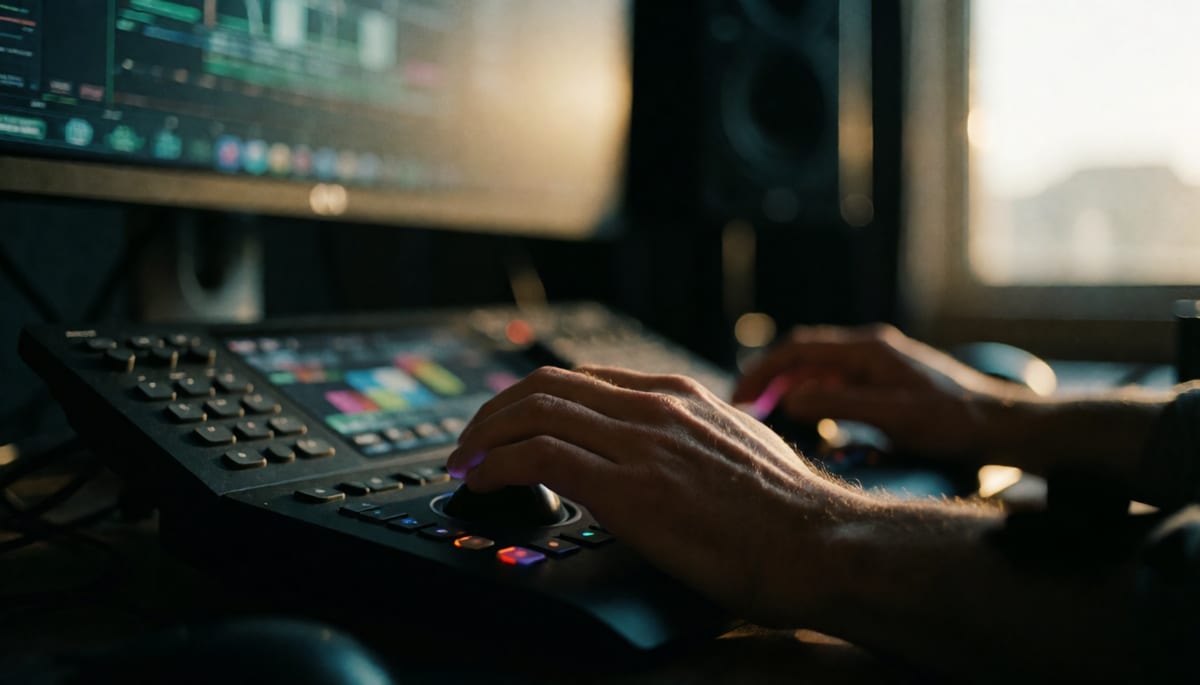 Editor's hands on a control surface, timeline glowing on the monitor above, warm rim light from a window