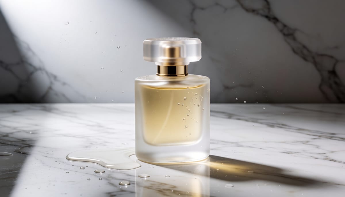 Krea 2 commercial product photography of a luxury perfume bottle on marble