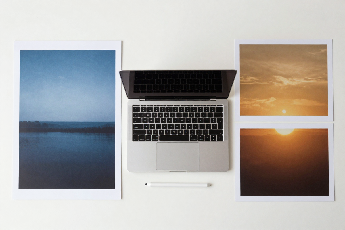 Overhead desk scene contrasting two sets of AI-generated image styles side by side