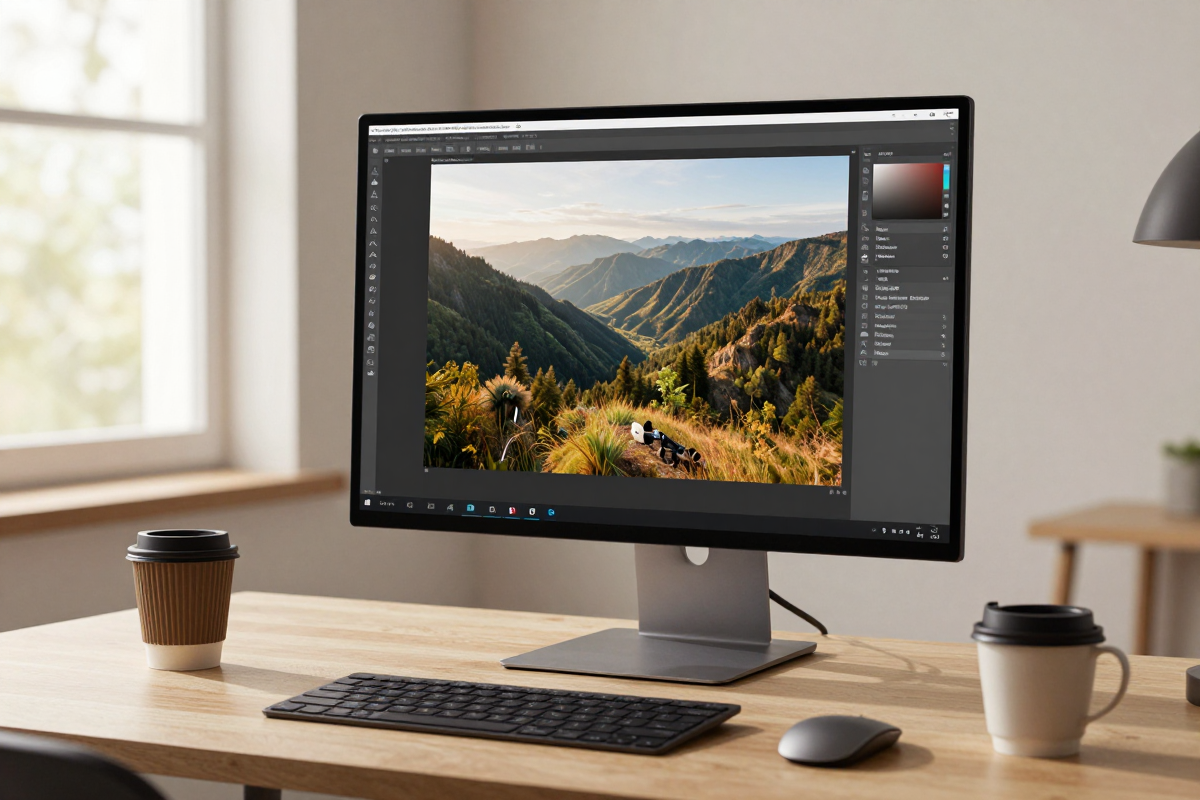 A workstation showing a high-resolution image being upscaled on screen