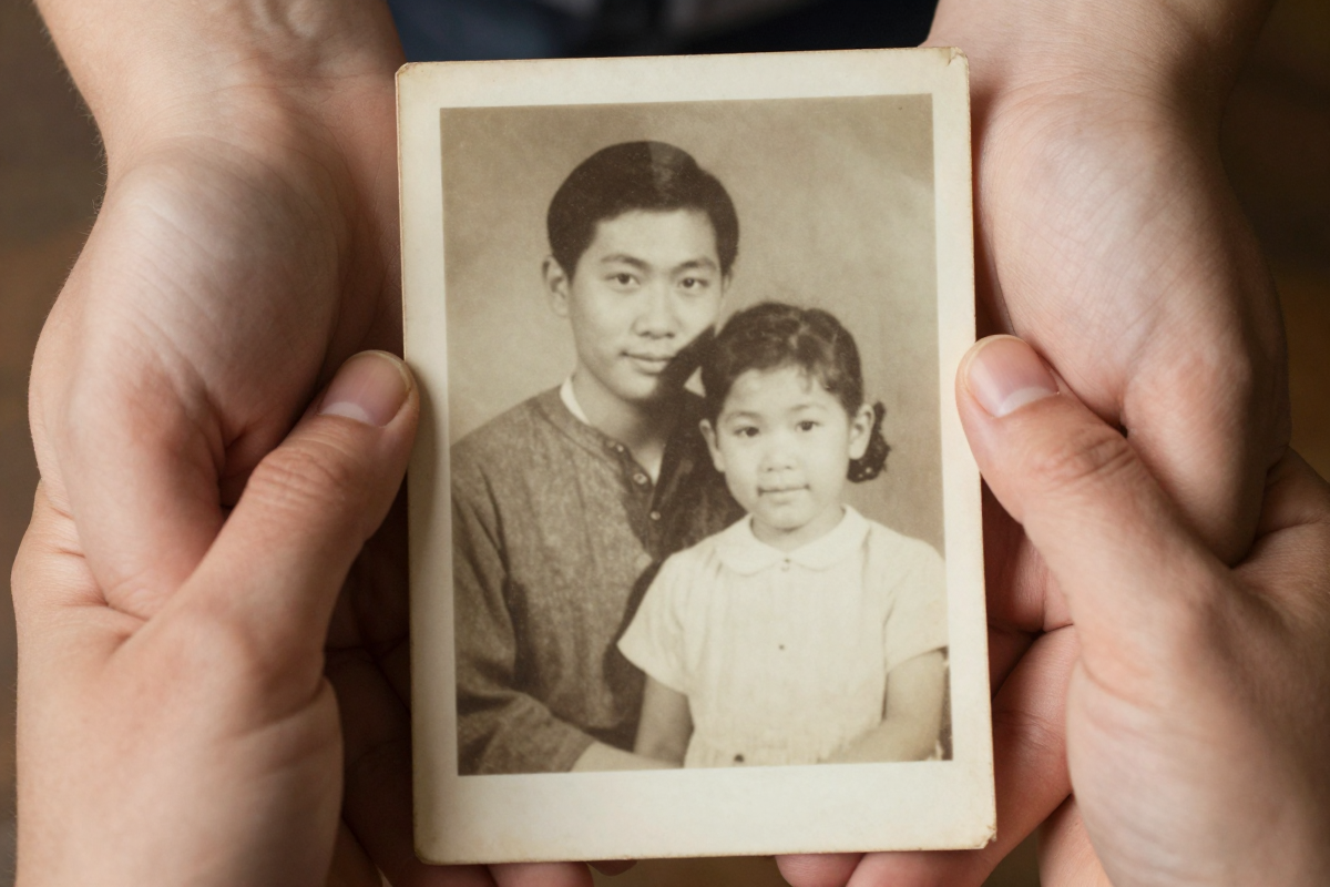Hands holding a restored old photograph with recovered detail