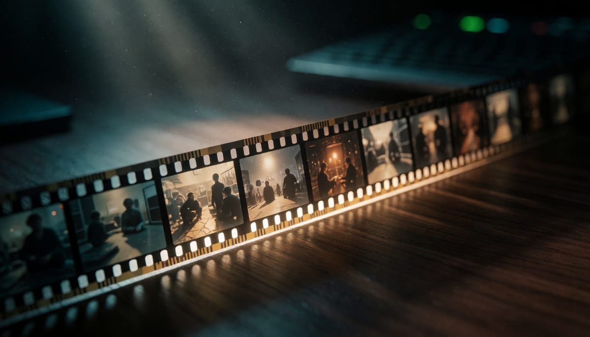 Cinematic film strip on a dark editing desk showing a short clip growing into a long continuous scene