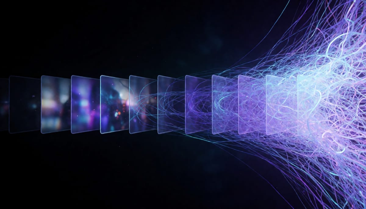 Abstract cinematic visualisation of attention connections multiplying across a long strip of video frames