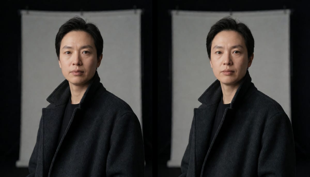 Two side by side portrait frames from the start and end of a long take with subtle differences in lighting and wardrobe